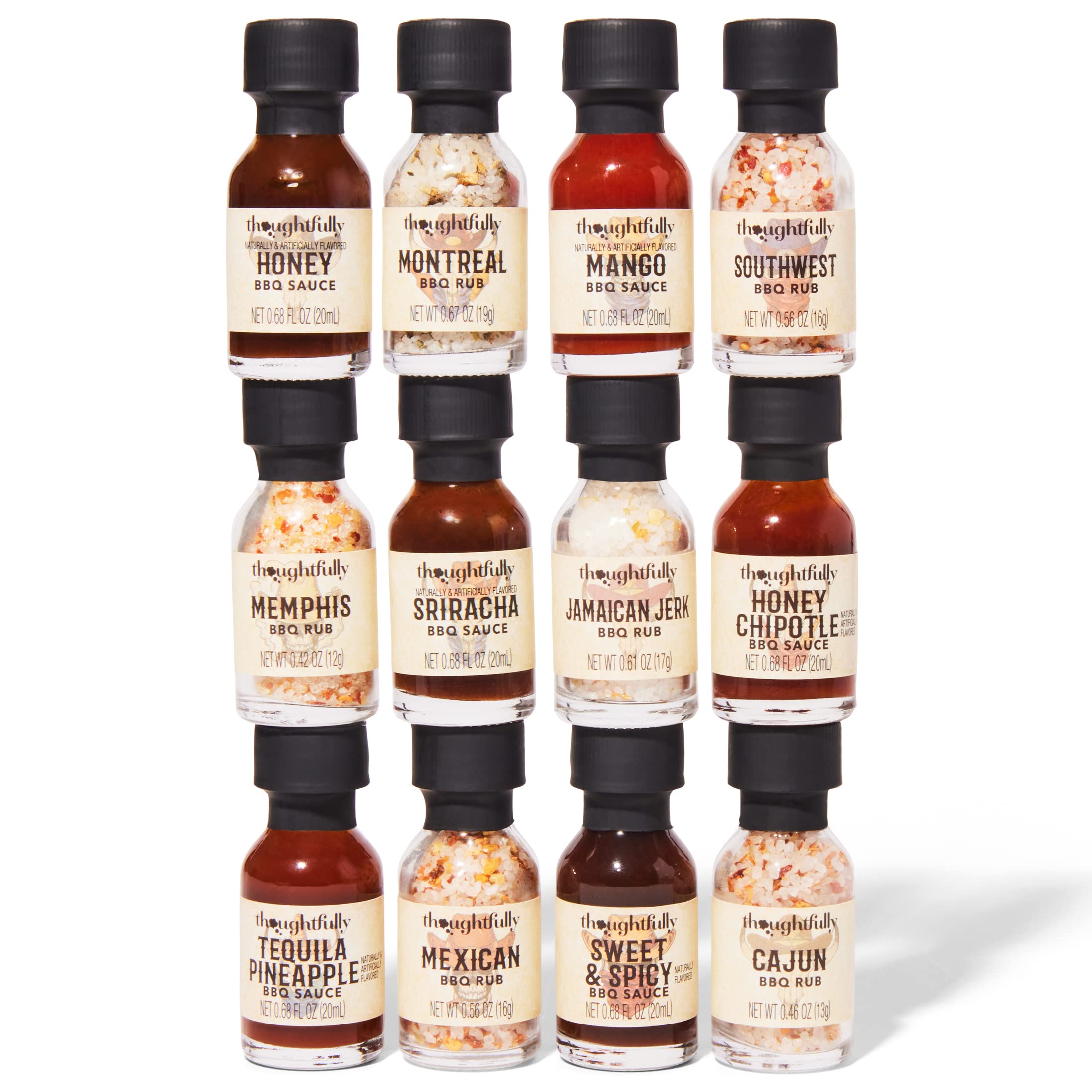 Thoughtfully lineup of mini glass bottles displaying labels and variety for comparing flavors
