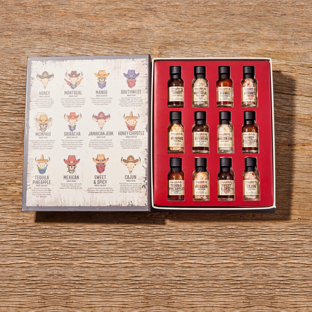Thoughtfully open book layout revealing six sauce and six rub mini glass bottles for easy sampling