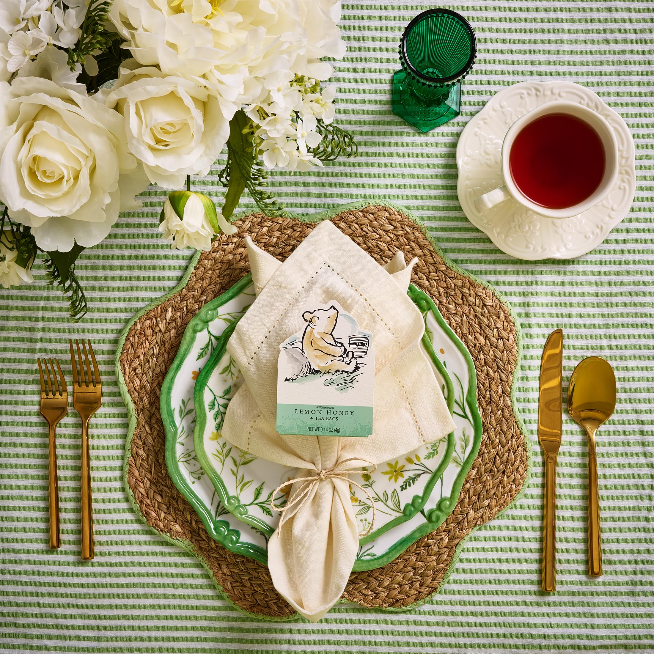 Thoughtfully lemon honey tea bag and slice of lemon highlighting bright flavor
