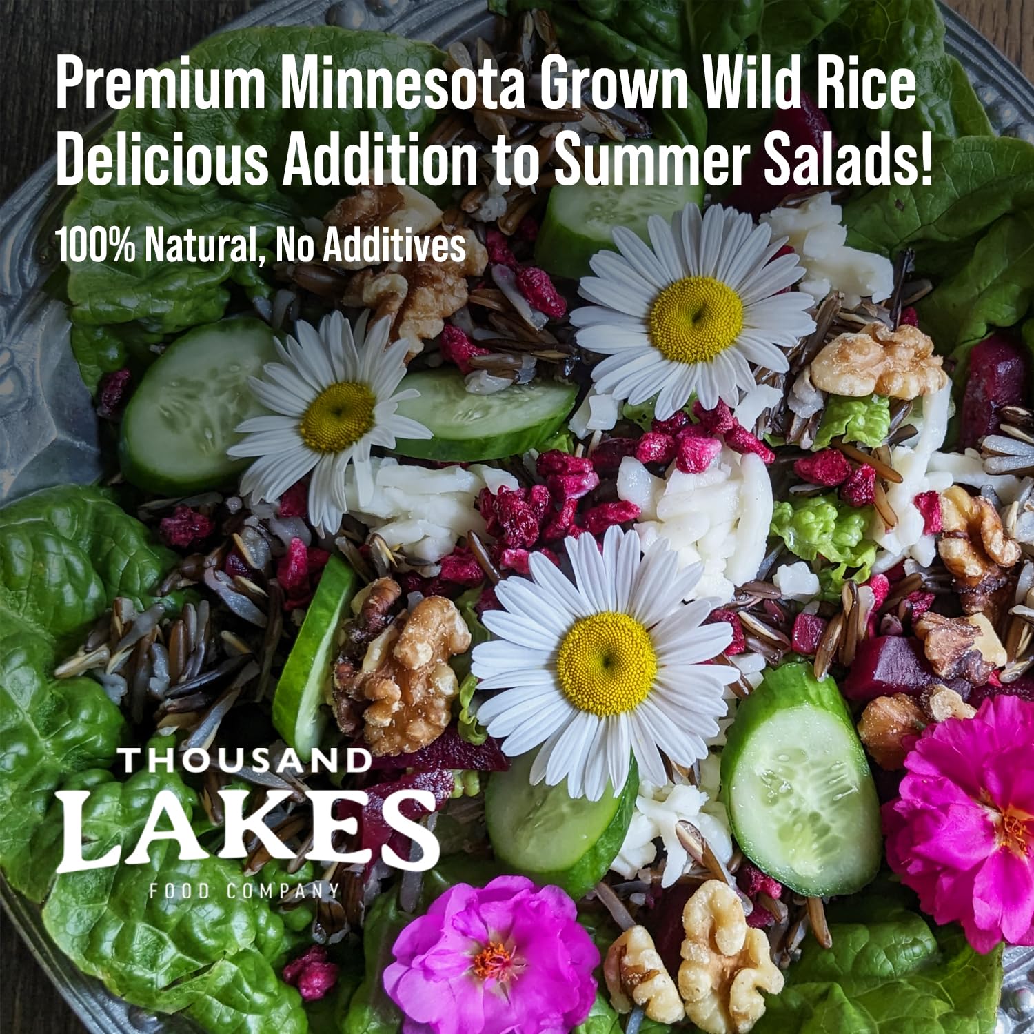 Thousand Lakes rice beside measuring cup showing portion size and convenience