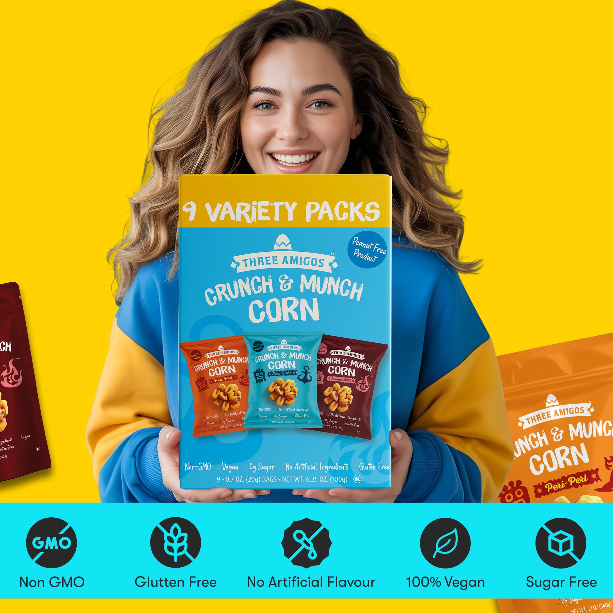 Three Amigos bowl of corn nuts showing ready-to-share crunchy snack