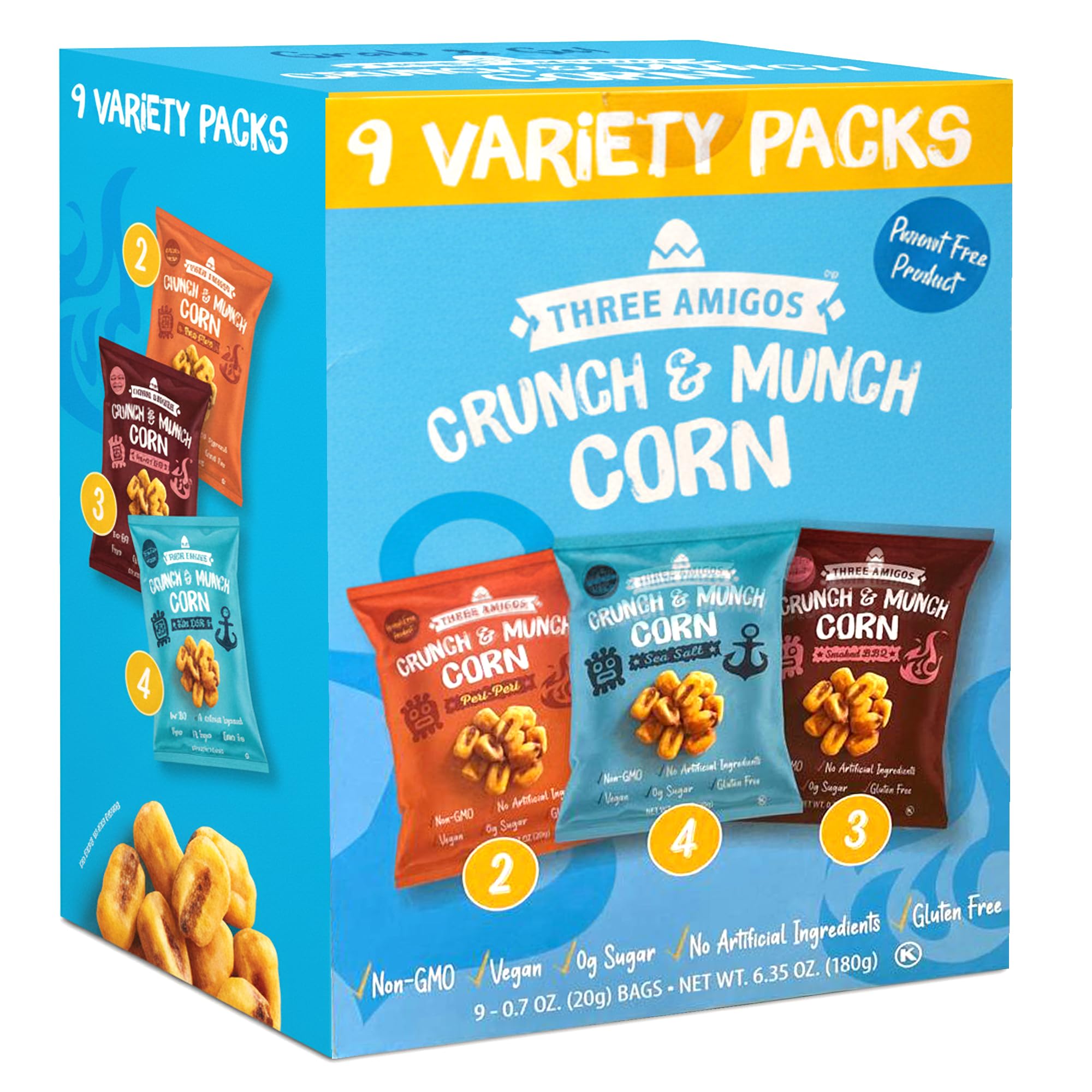 Three Amigos front packaging showing variety pack and convenience