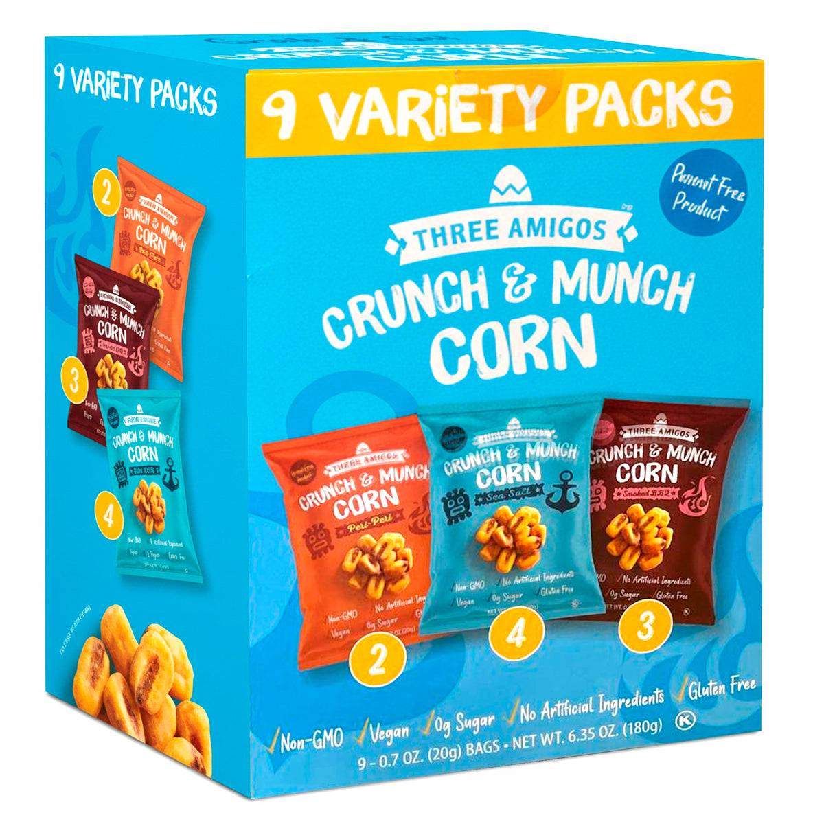 Three Amigos front packaging showing variety pack and convenience