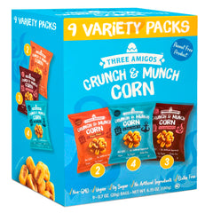 Three Amigos front packaging showing variety pack and convenience