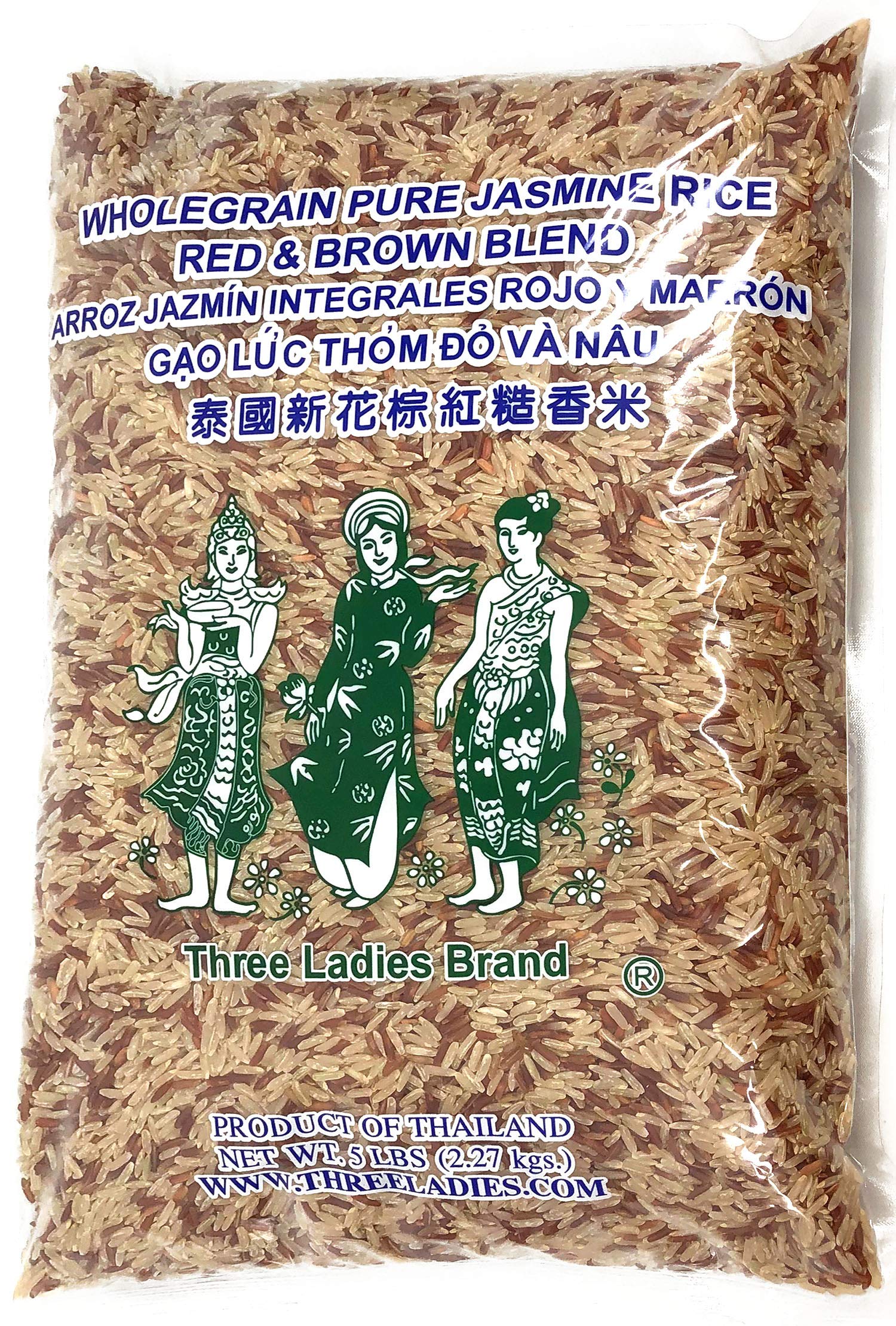 Three Ladies front of bag showing brand and red brown jasmine blend, pantry-ready benefit