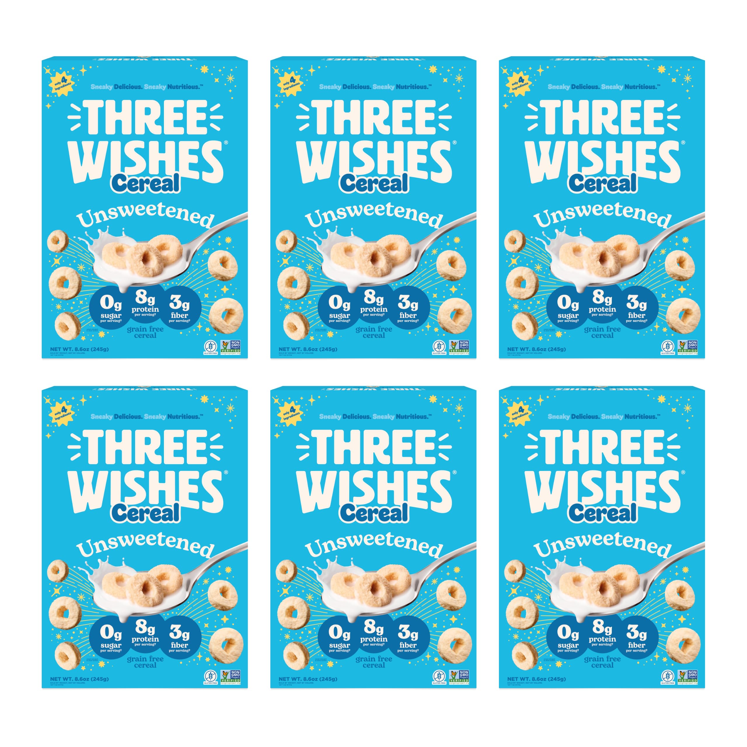 Three Wishes front packaging showing unsweetened cereal and benefits