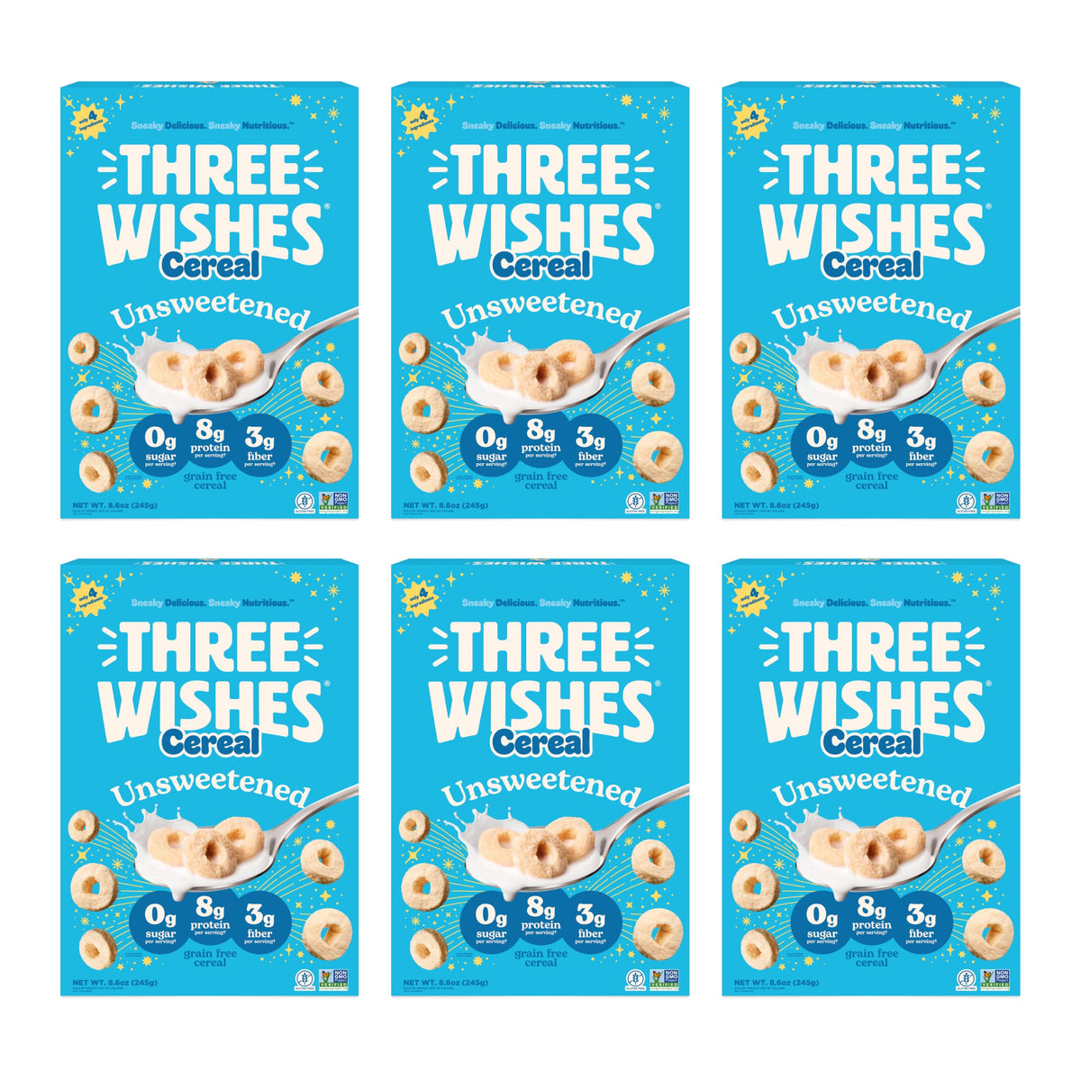 Three Wishes front packaging showing unsweetened cereal and benefits