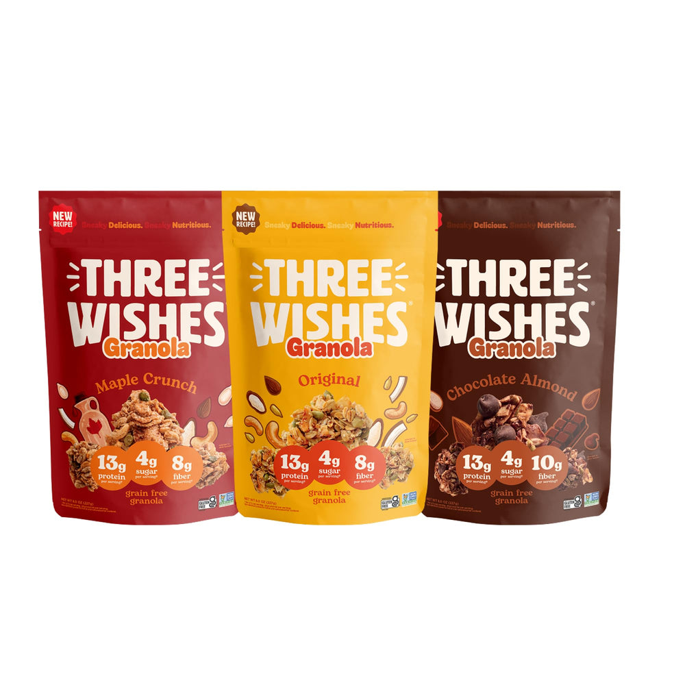 Three Wishes front packaging showing three 8oz pouches and brand promise