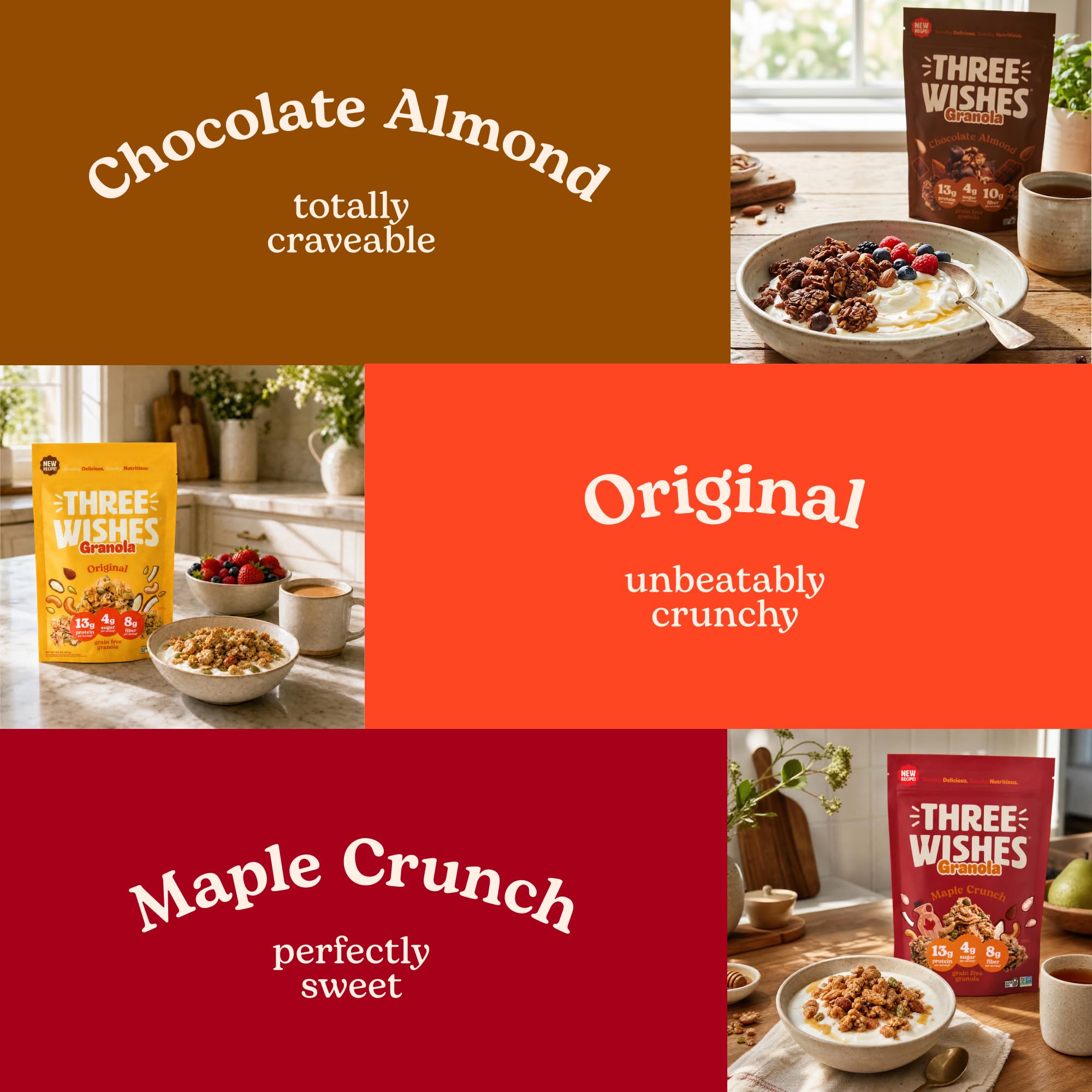 Three Wishes ingredients flatlay with almonds seeds coconut and maple