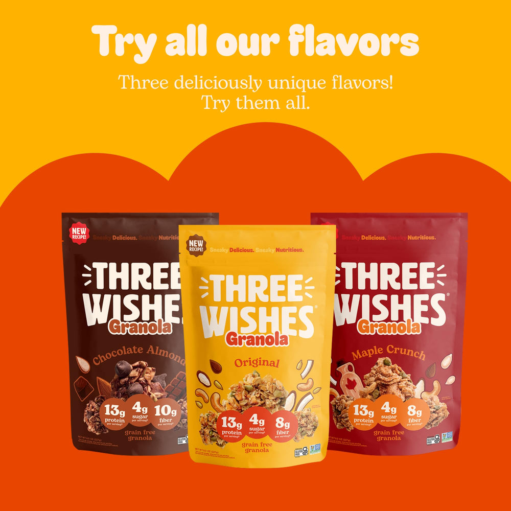 Three Wishes granola on kitchen table as breakfast for quick nutrition