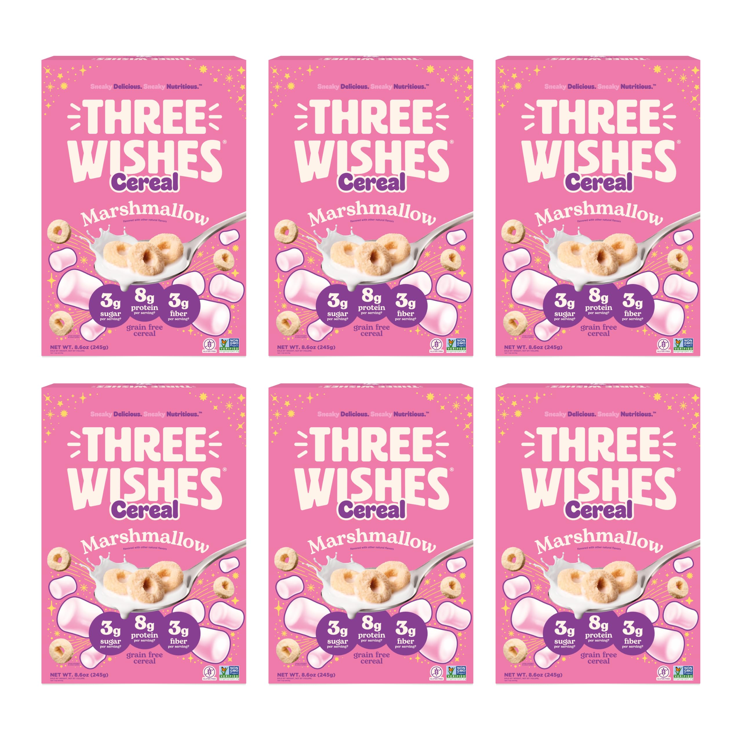 Three Wishes front packaging showing marshmallow flavor and protein benefit