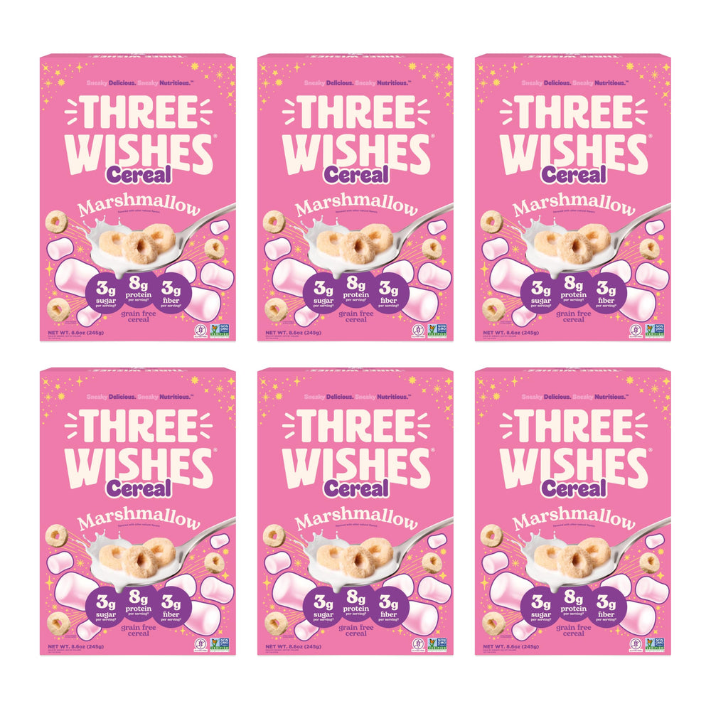 Three Wishes front packaging showing marshmallow flavor and protein benefit