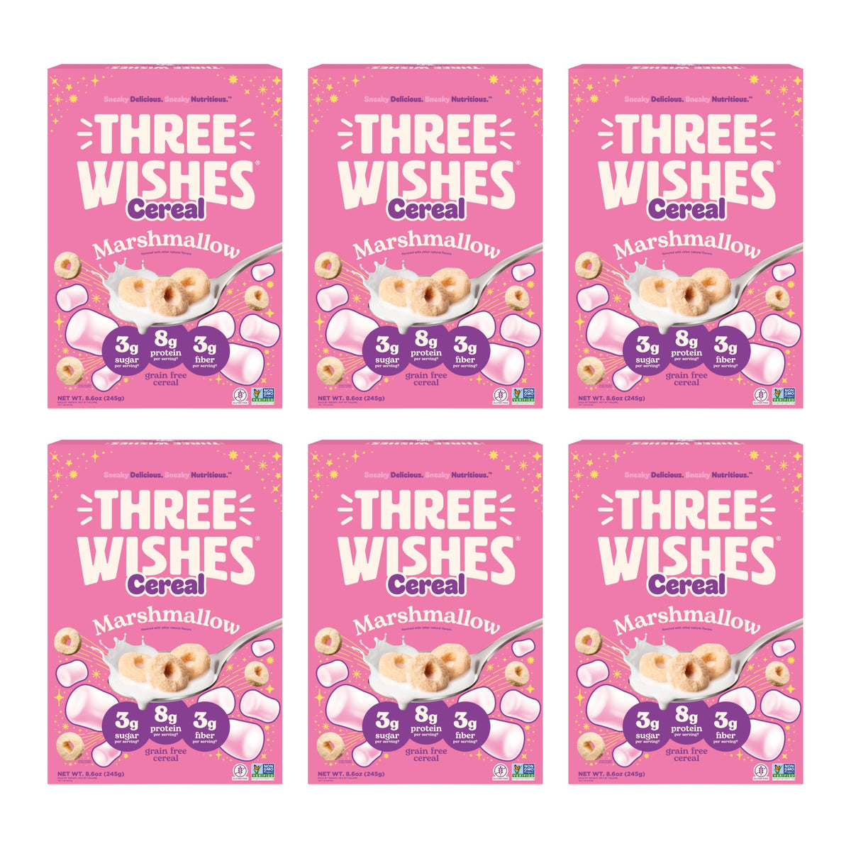 Three Wishes front packaging showing marshmallow flavor and protein benefit