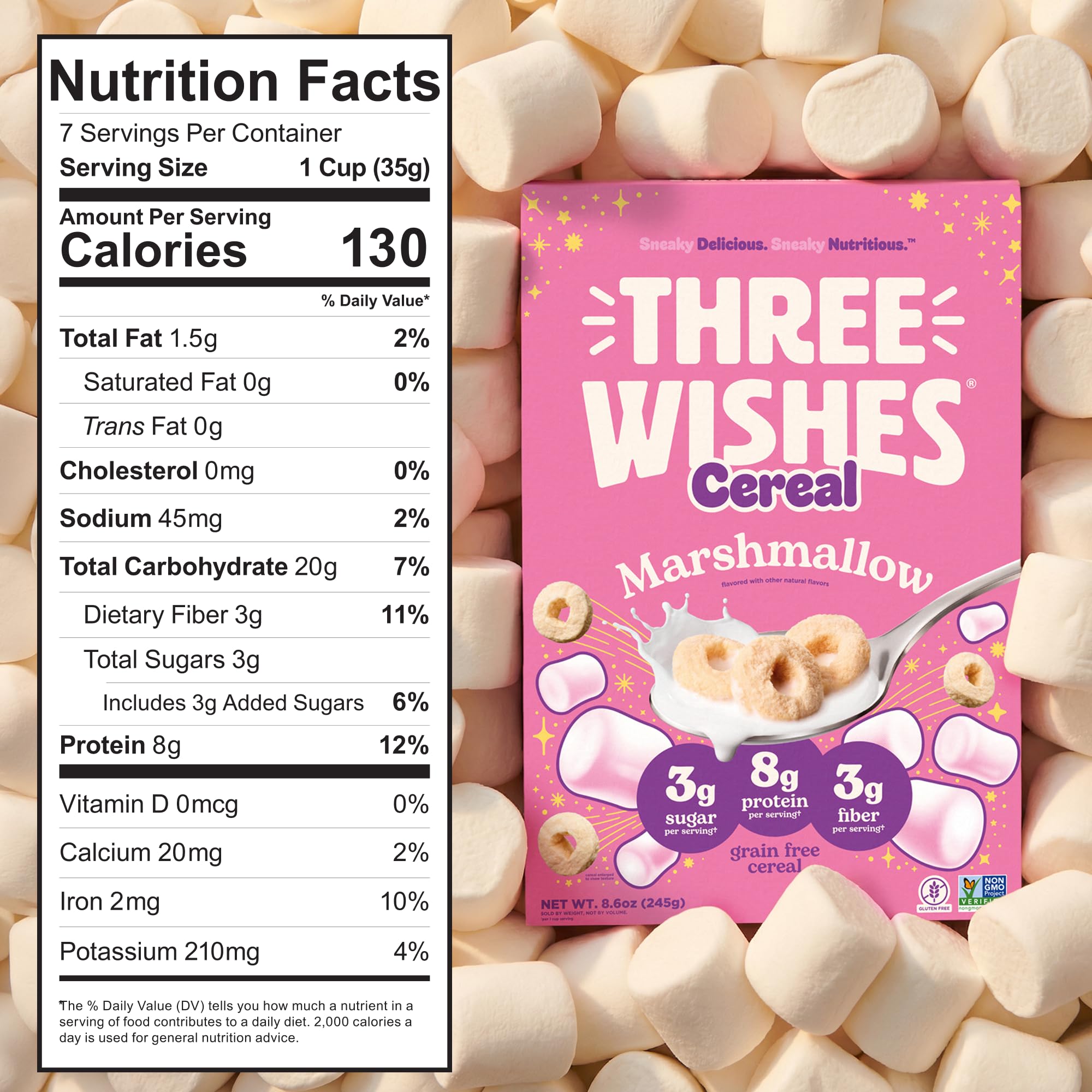 Three Wishes cereal in bowl highlighting crunchy O’s and high-protein appeal