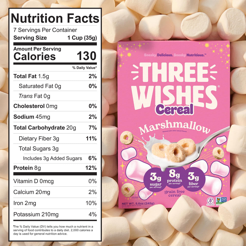 Three Wishes cereal in bowl highlighting crunchy O’s and high-protein appeal