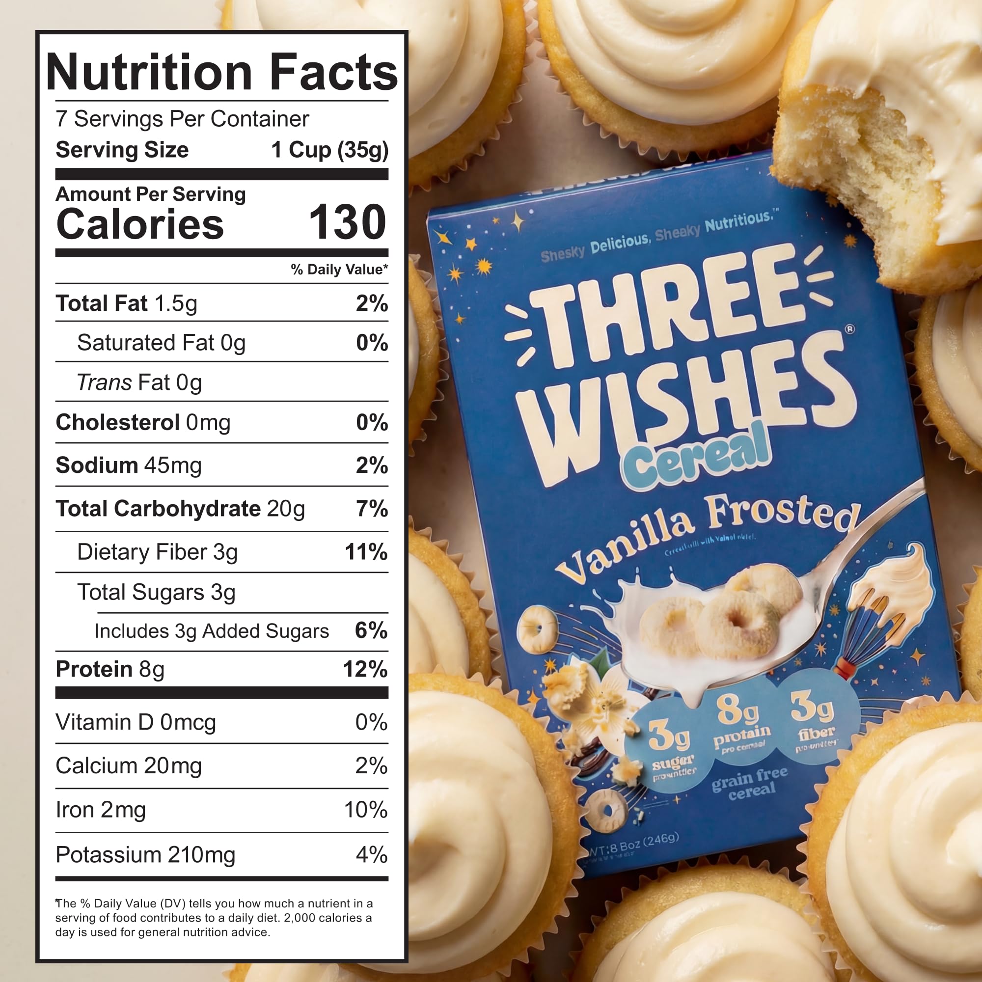 Three Wishes cereal in a bowl with milk showcasing protein-packed breakfast