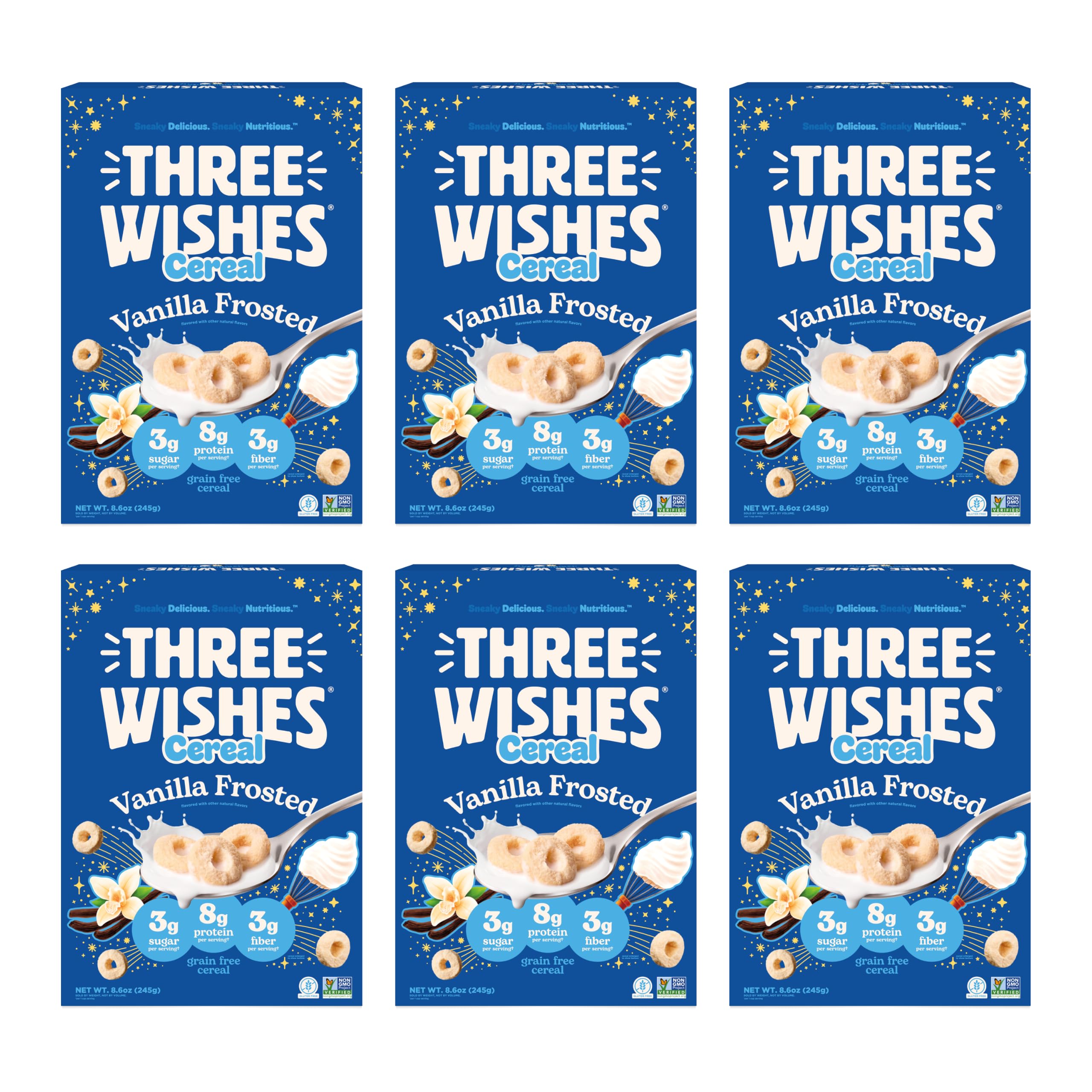 Three Wishes front packaging showing vanilla frosted cereal and benefits