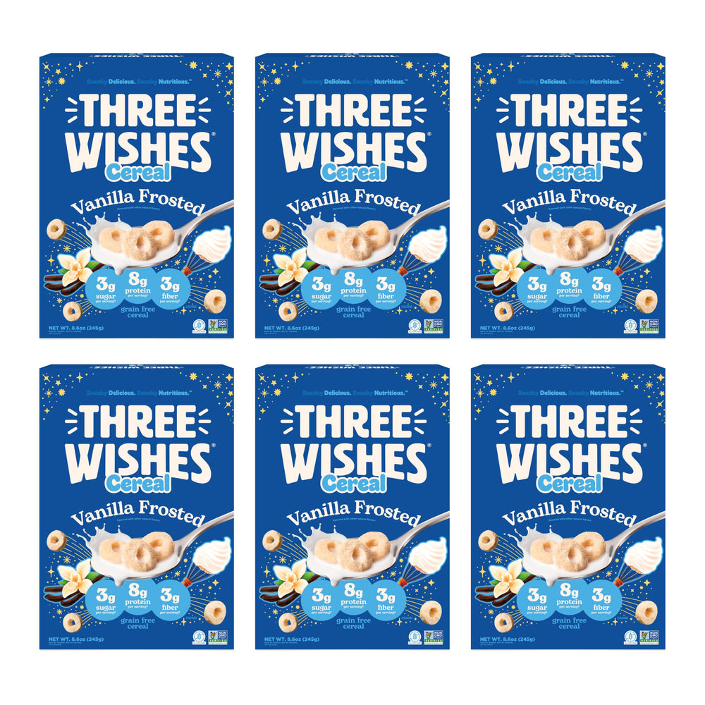 Three Wishes front packaging showing vanilla frosted cereal and benefits