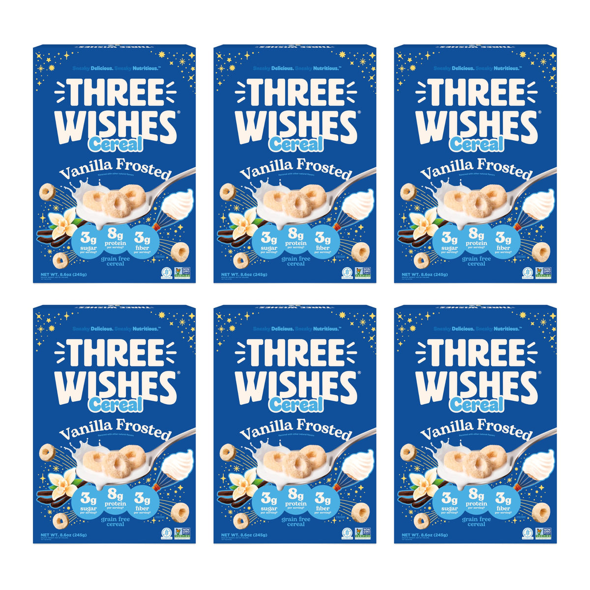 Three Wishes front packaging showing vanilla frosted cereal and benefits