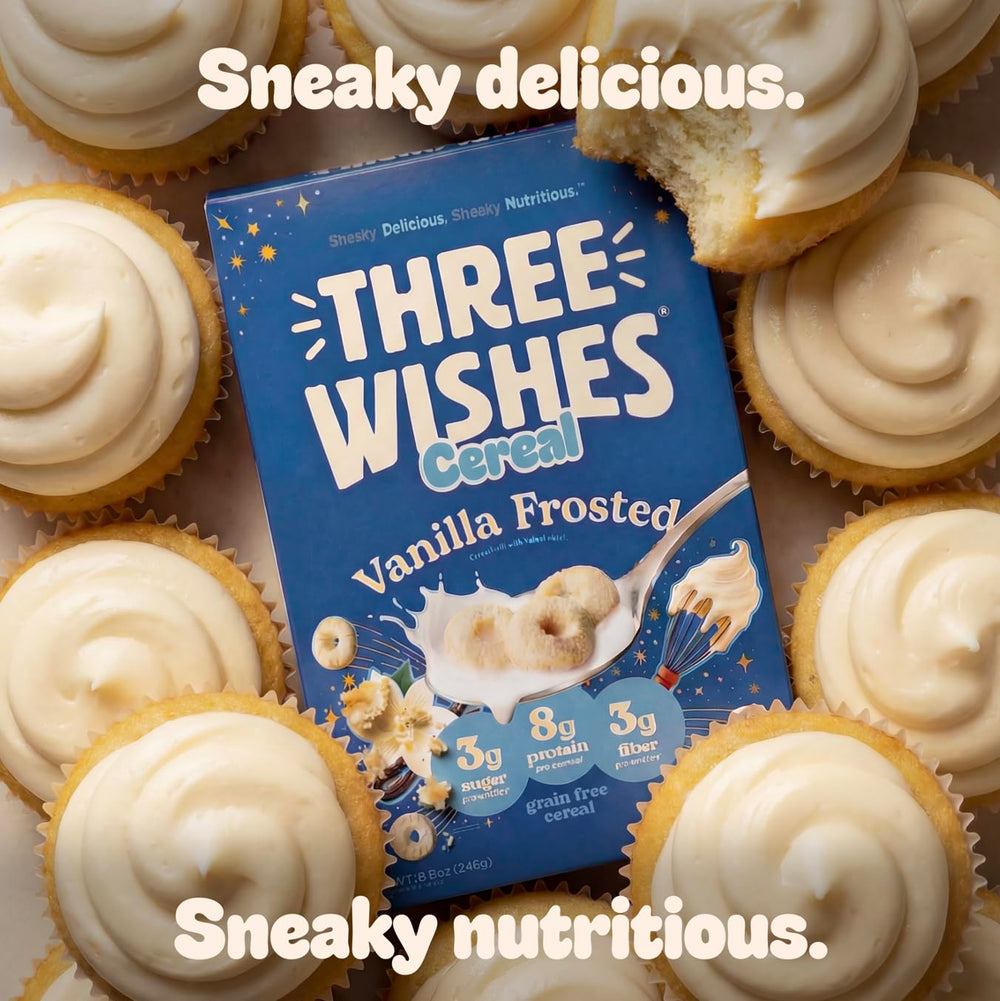 Six-pack of Three Wishes Vanilla Frost boxes stacked for pantry convenience