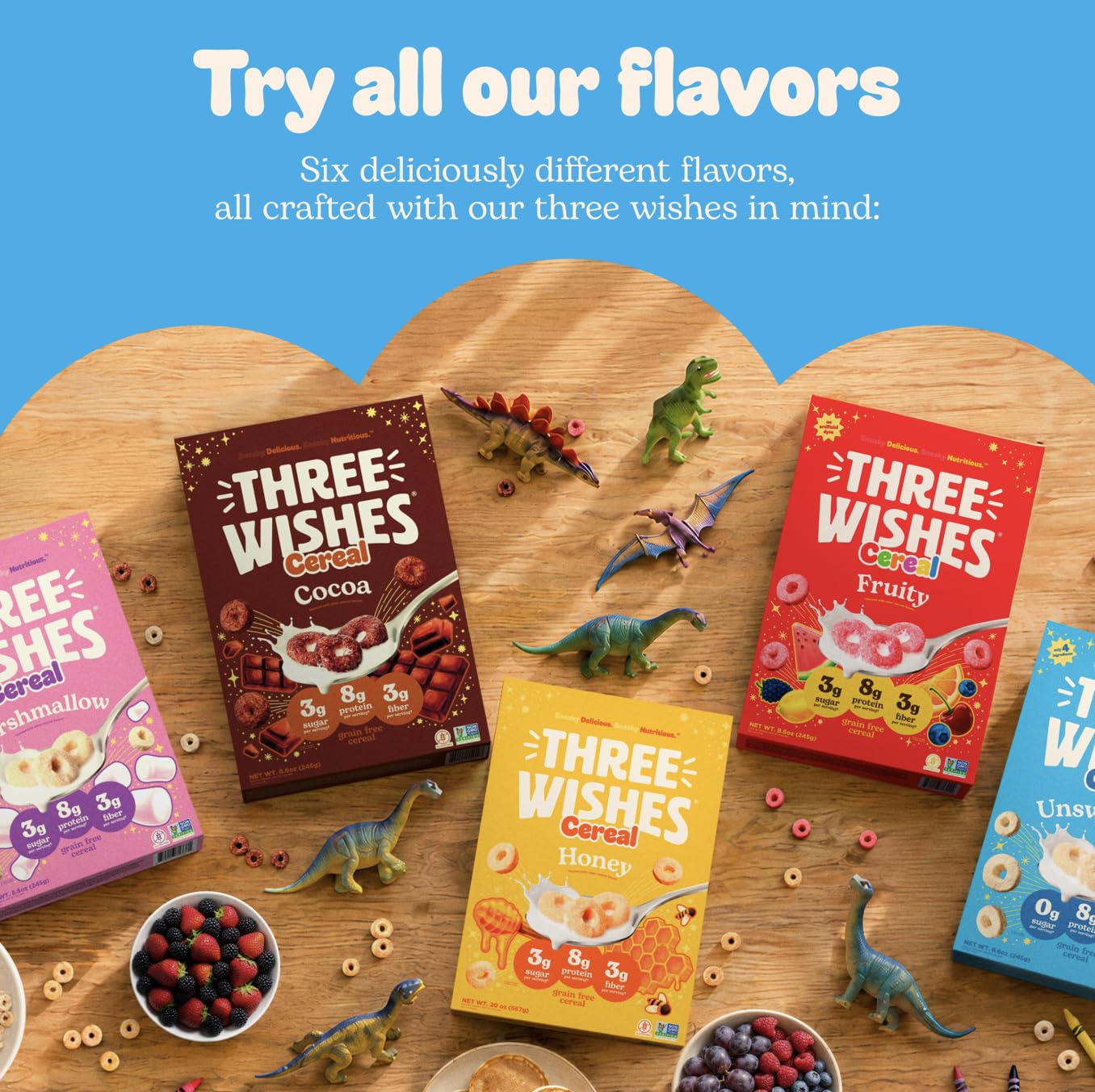 Serving spoon with Three Wishes cereal demonstrating portion size and protein