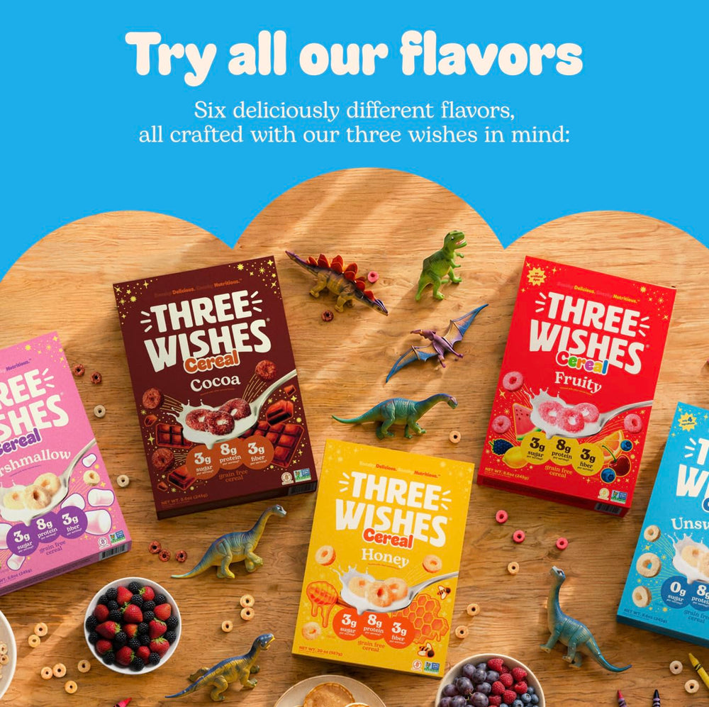 Serving spoon with Three Wishes cereal demonstrating portion size and protein