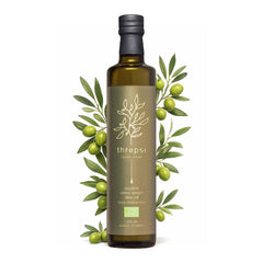 Threpsi front label on bottle showing organic Koroneiki identity and freshness benefit