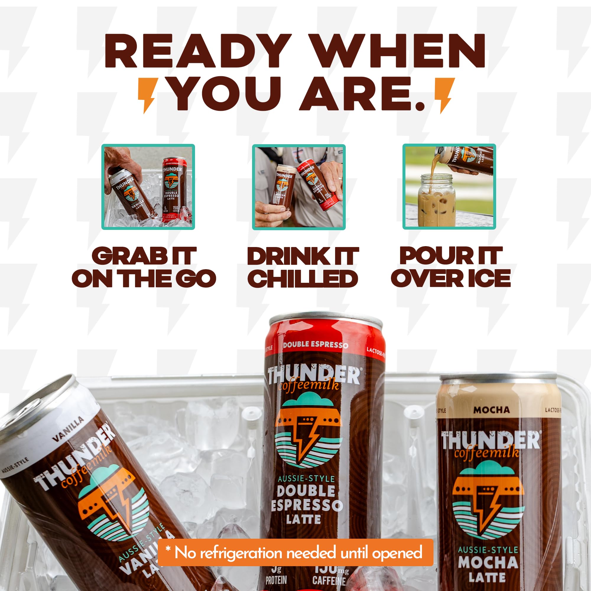 Thunder CoffeeMilk 12-can variety pack arranged to show assortment and convenience benefit