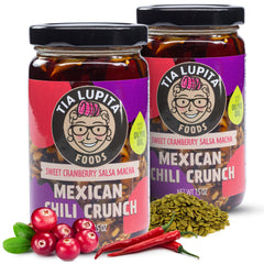 Tia Lupita front jar packaging showing cranberry salsa macha and two-pack convenience