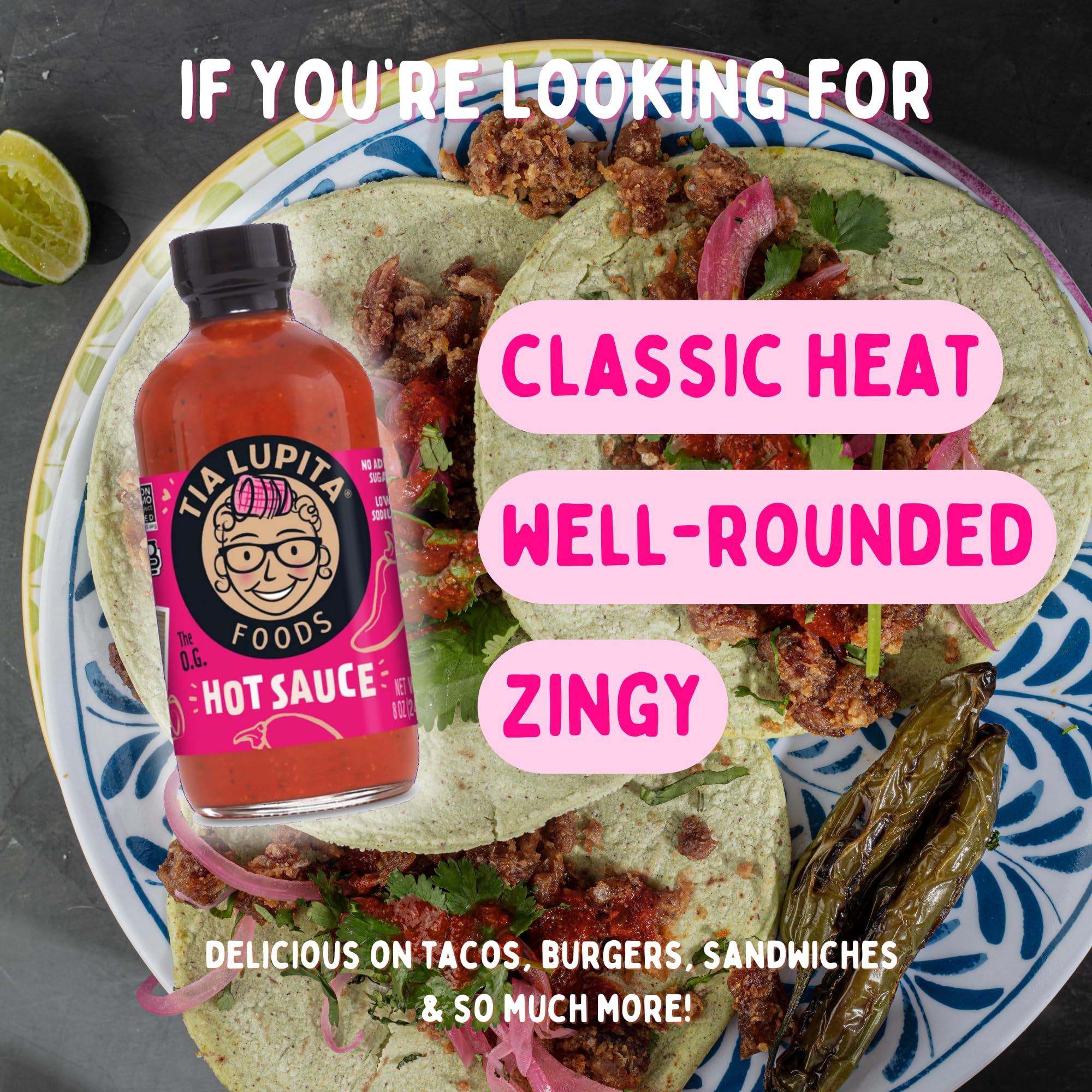 TIA LUPITA sauce drizzled over tacos adding balanced heat and flavor