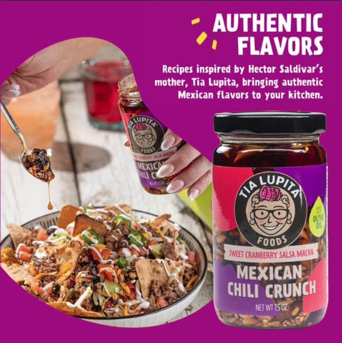 Tia Lupita spoon lifting chili crunch to demonstrate chunky texture and easy use