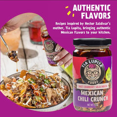 Tia Lupita spoon lifting chili crunch to demonstrate chunky texture and easy use