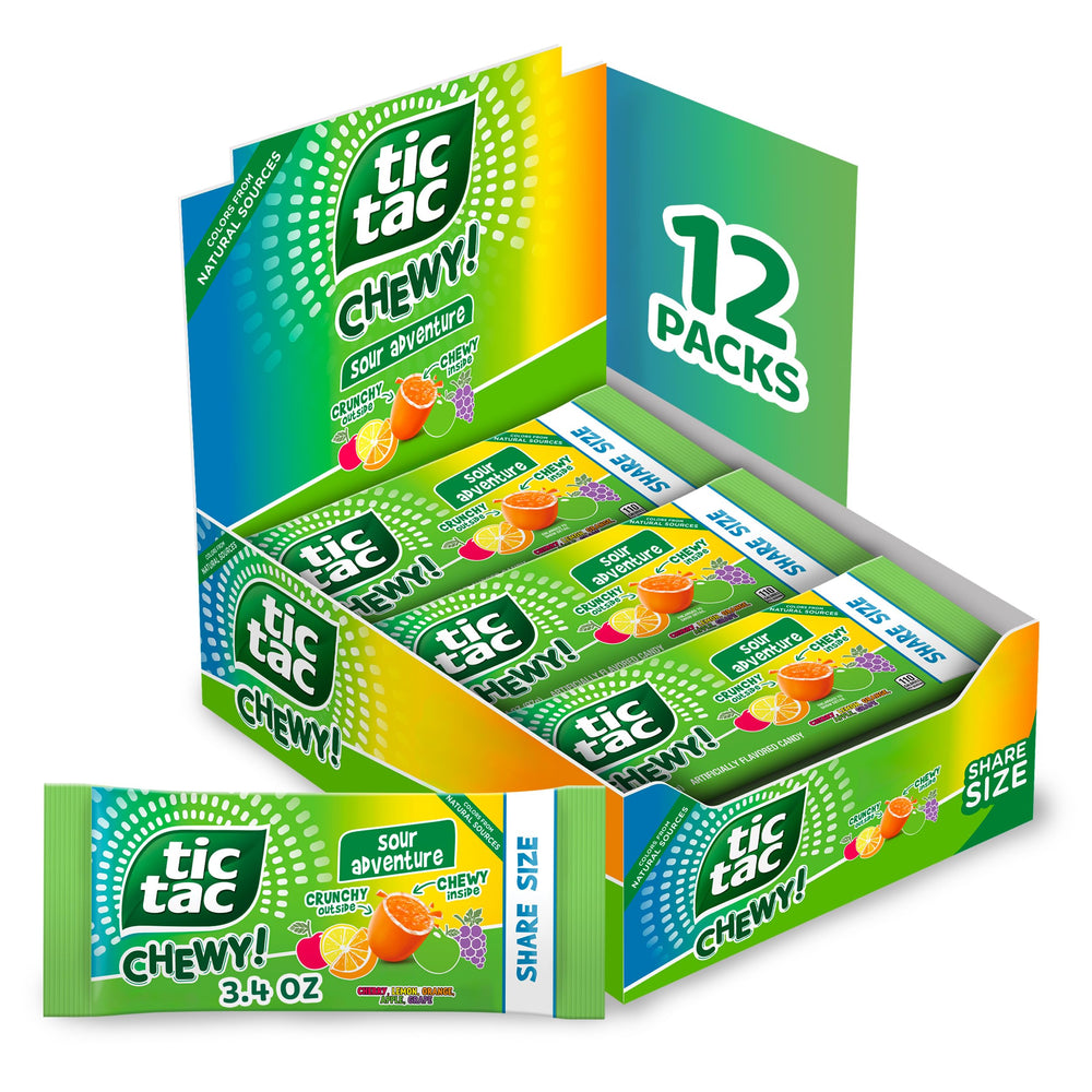 Tic Tac front pack showing bulk 12-pack and share-size pouches for easy sharing