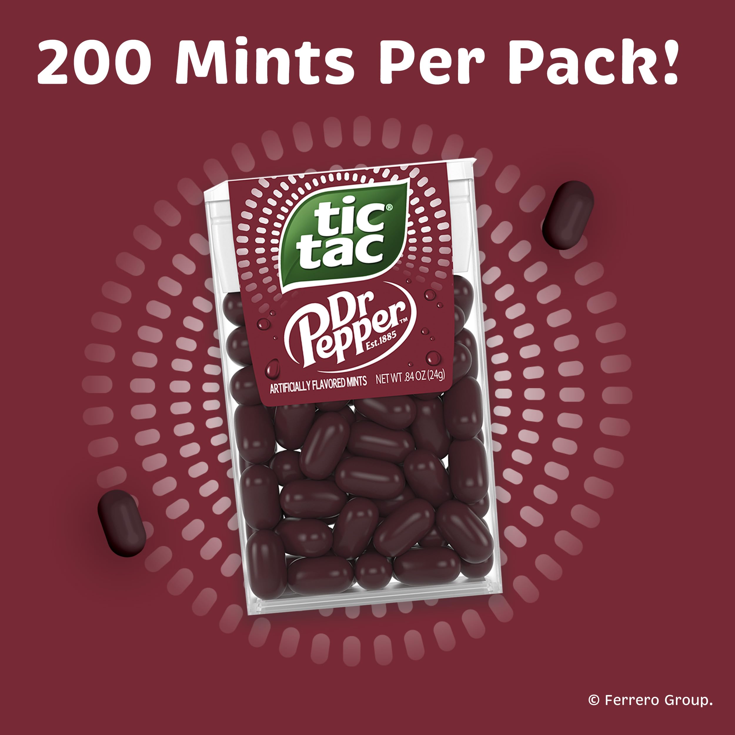 Tic Tac Dr Pepper mints spread on table highlighting unique soda-inspired flavor
