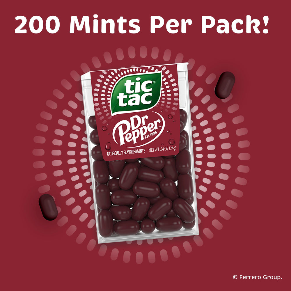 Tic Tac Dr Pepper mints spread on table highlighting unique soda-inspired flavor