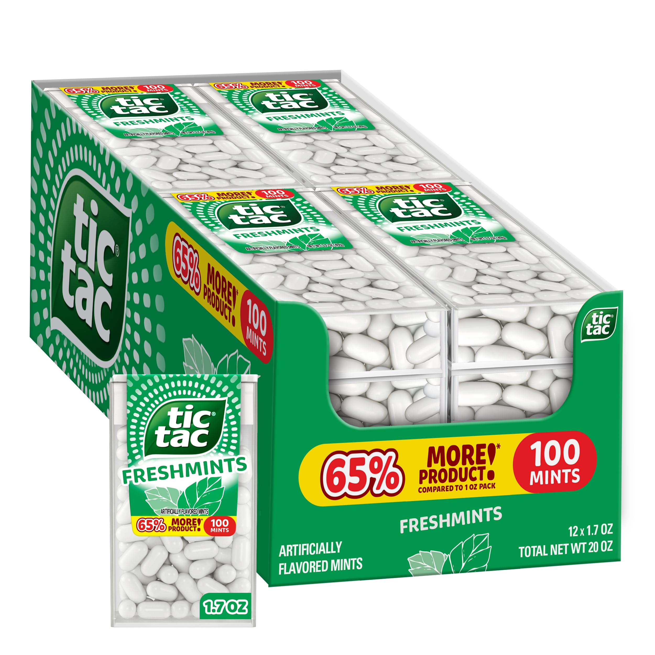 Tic Tac front packaging showing compact portable container and easy carry benefit