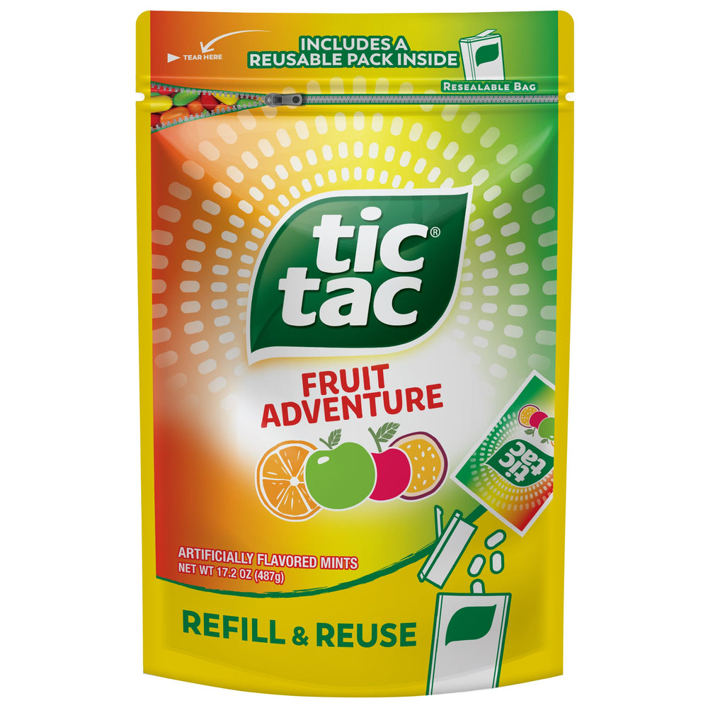 Tic Tac Fruit Adventure front resealable bag showing branding and bulk size benefit