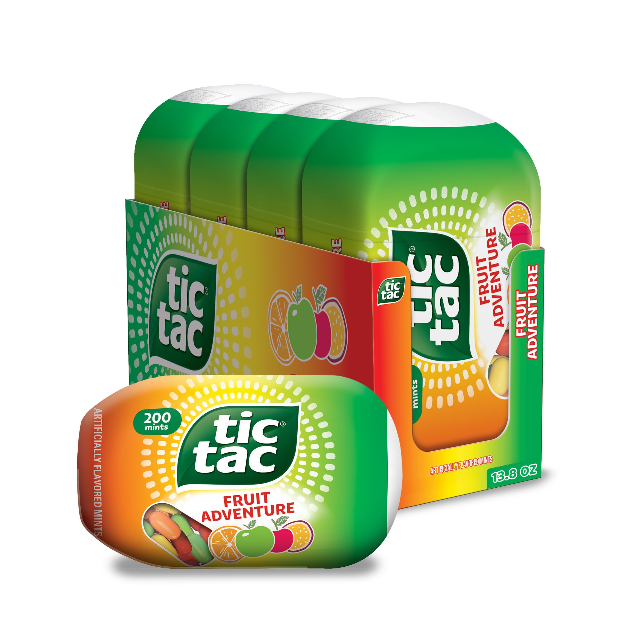Tic Tac front packaging showing four bottles and colorful fruit appeal