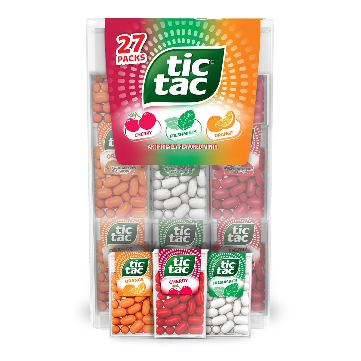 Tic Tac mega box front packaging showing 27 packs for easy sharing