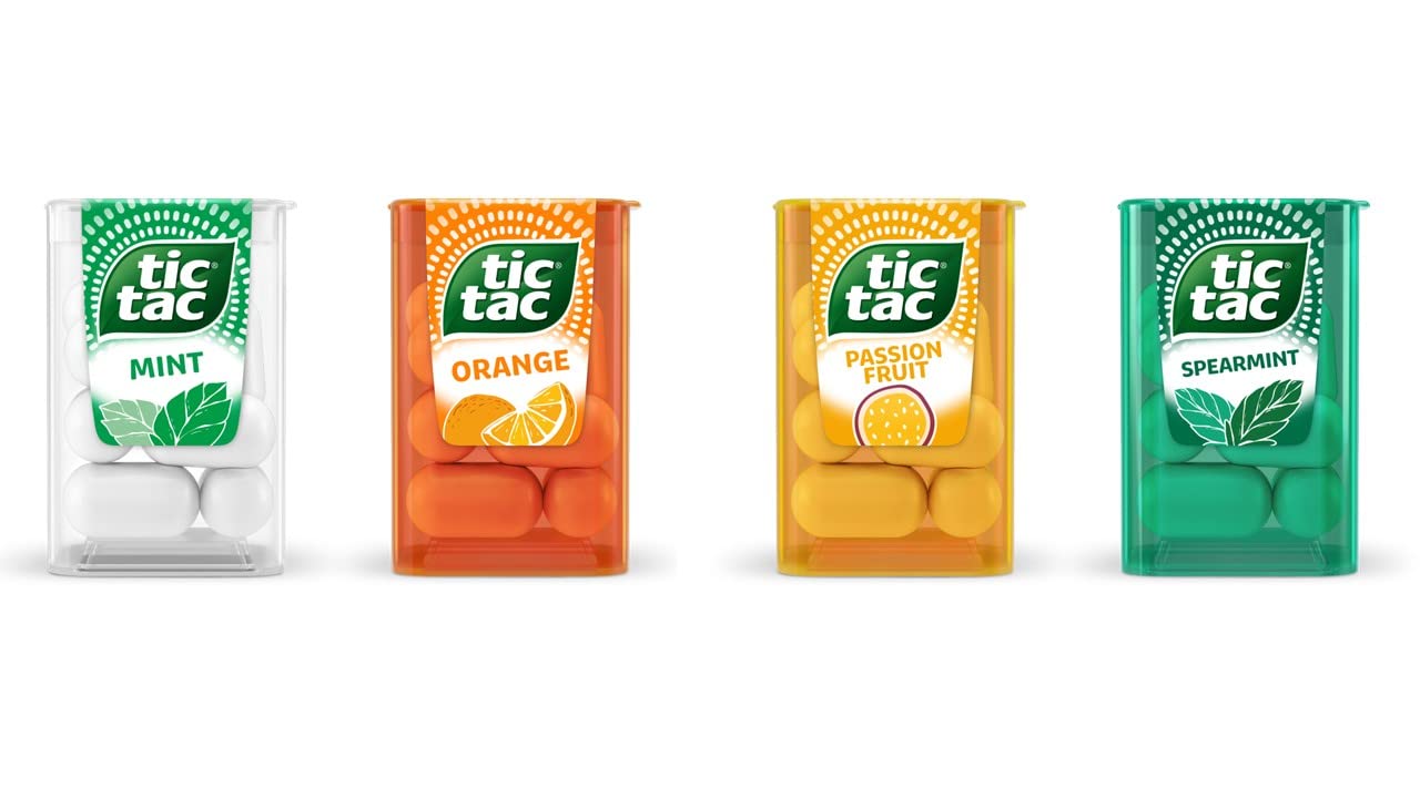 Tic Tac open tub with scattered mini mints displaying texture and easy portioning