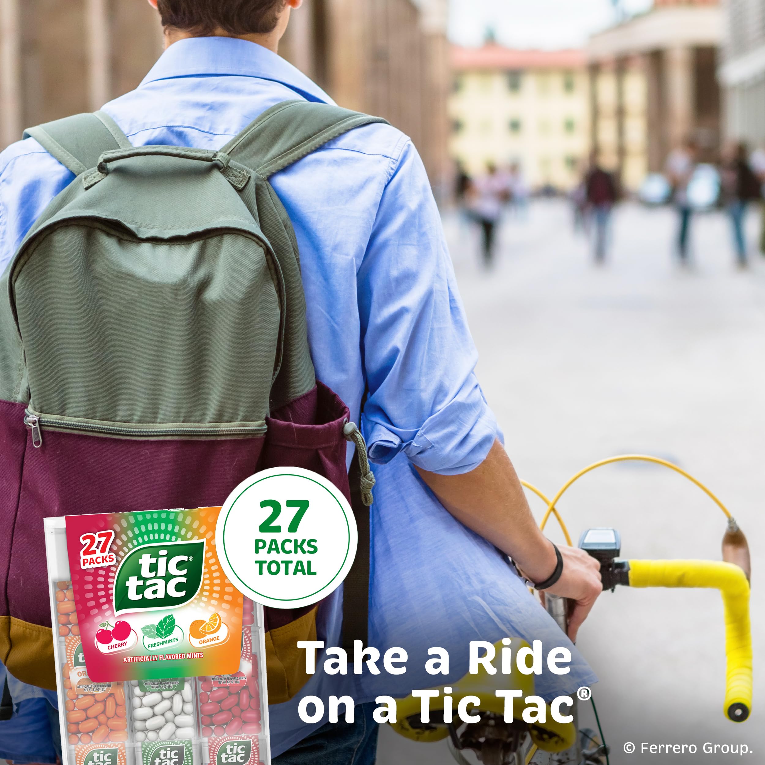 Tic Tac open pack spilling mints illustrating quick one-hand dispensing