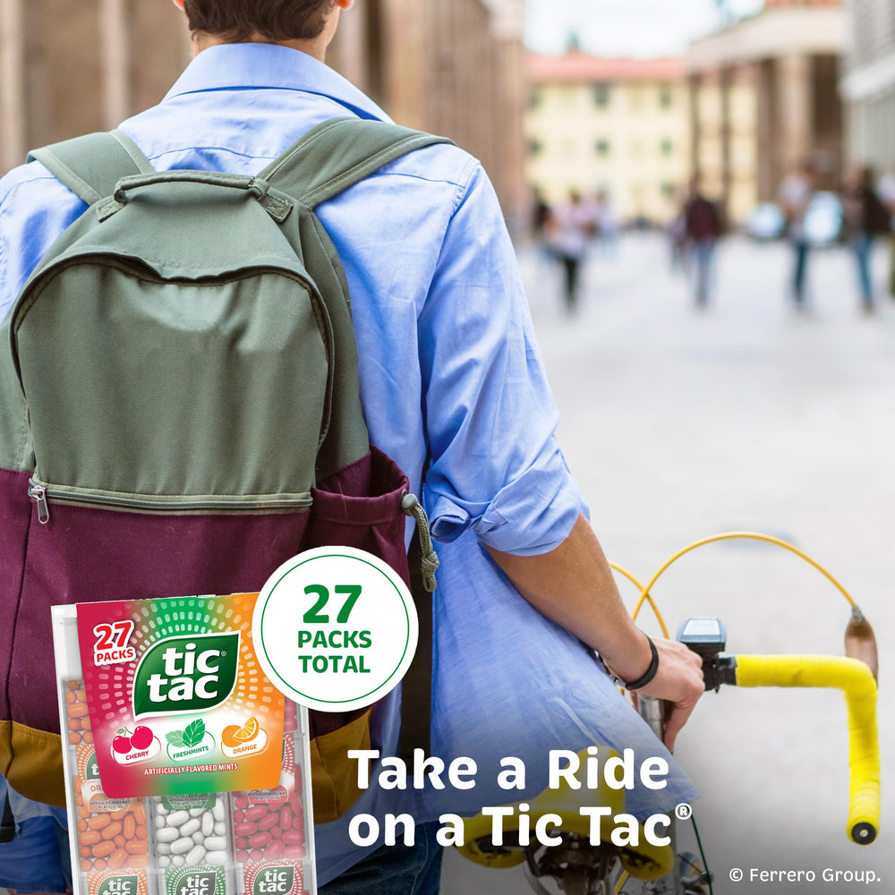 Tic Tac open pack spilling mints illustrating quick one-hand dispensing