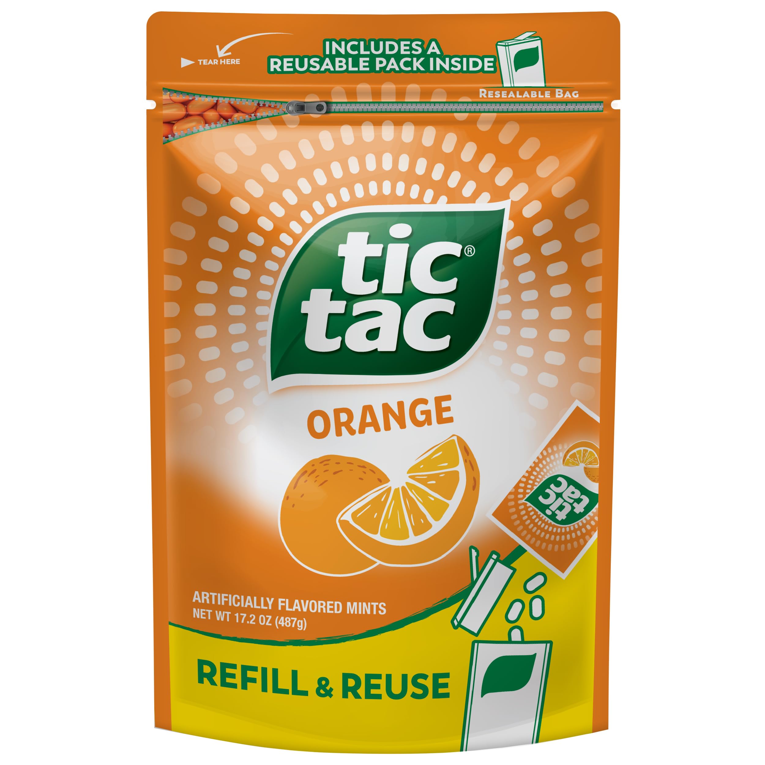 Tic Tac front packaging showing the resealable bulk bag and included dispenser benefit convenience