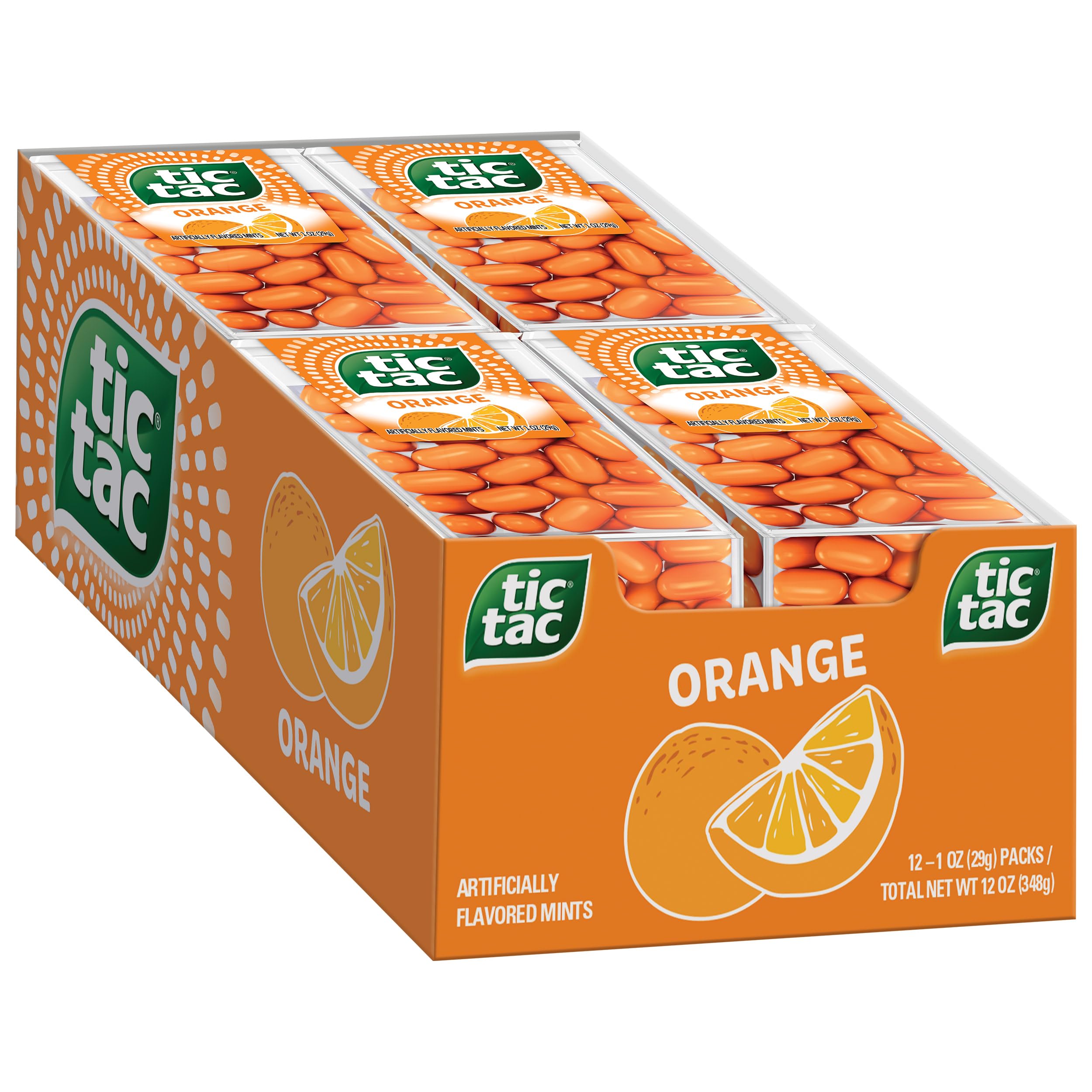 Tic Tac front packaging showing orange 1-ounce pack and clear case for quick recognition and portability