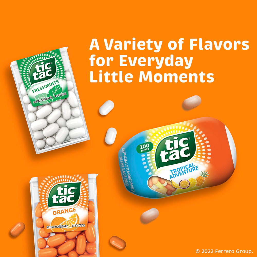 Tic Tac orange pack next to a coin for scale showing compact 1-ounce size and convenient storage