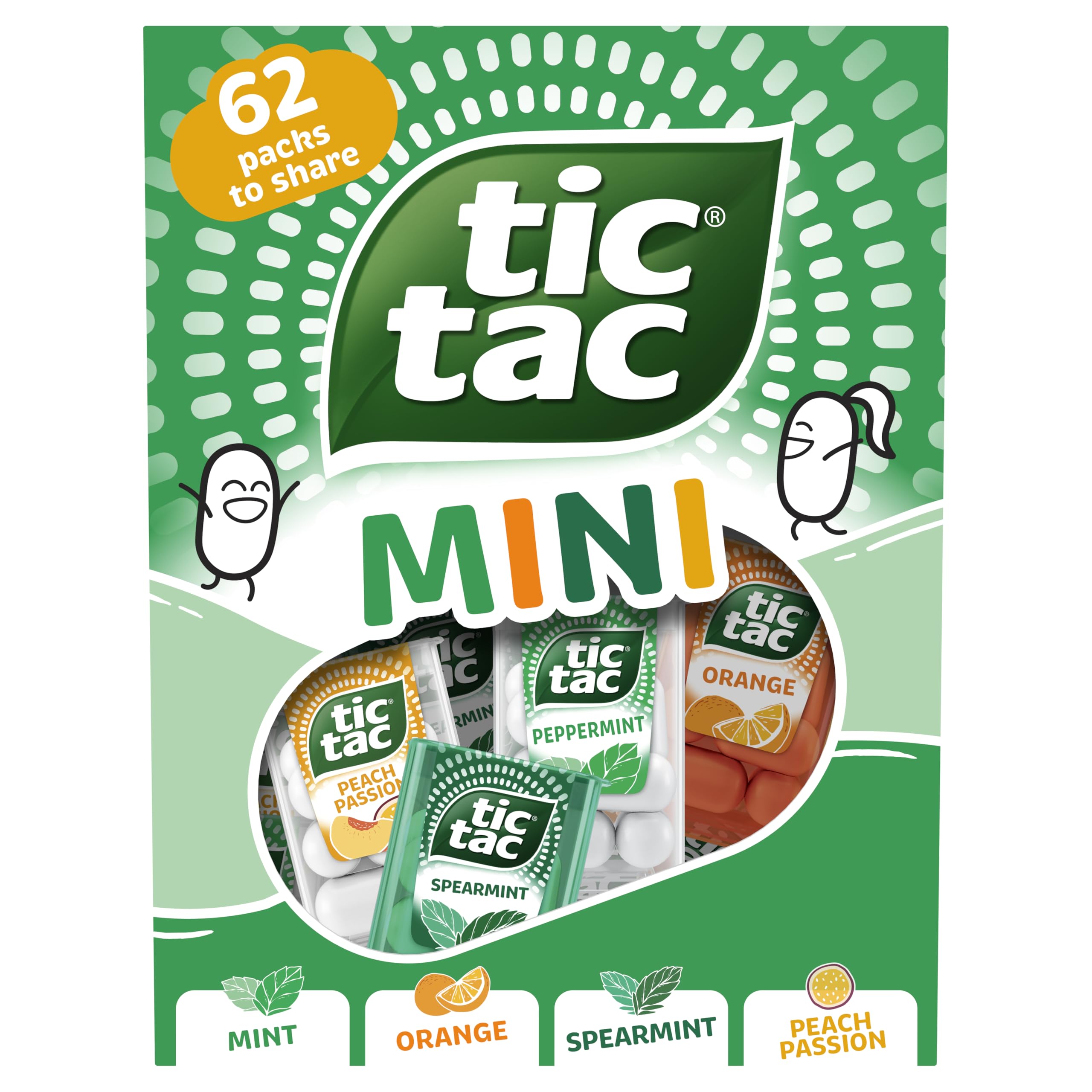 Tic Tac front packaging showing variety share pack and clear flavor labels for quick choice