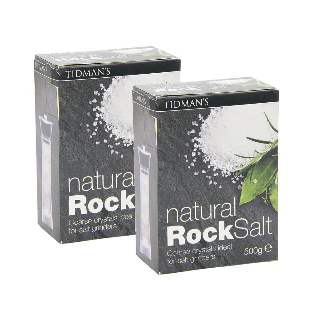 Tidman's front packaging showing twin 500g rock salt packs and clear labeling for easy storage benefit