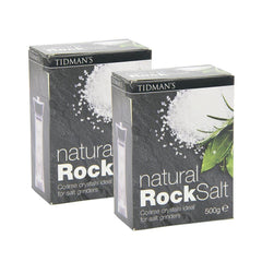 Tidman's front packaging showing twin 500g rock salt packs and clear labeling for easy storage benefit