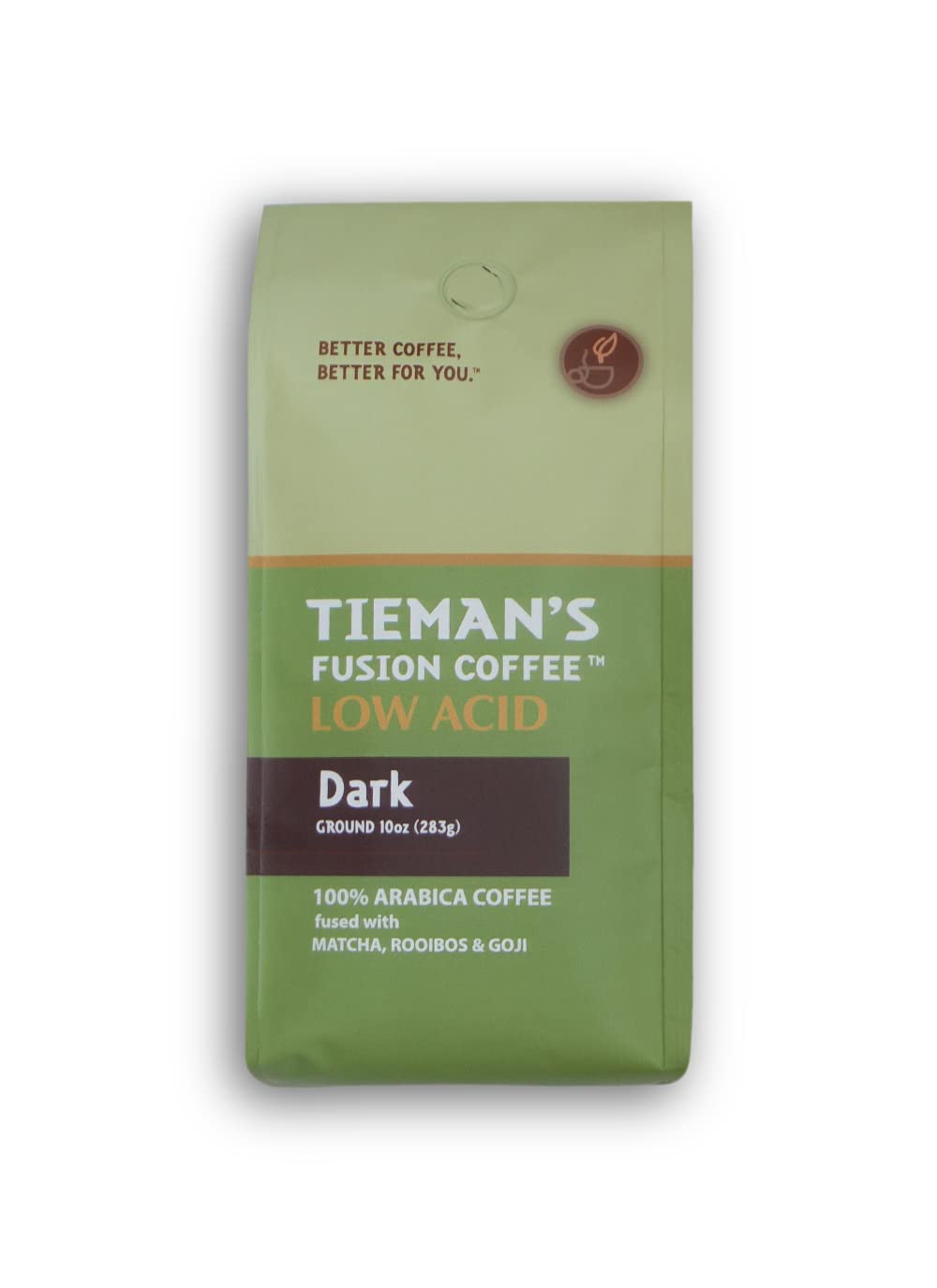 Tieman's Fusion front packaging showing low-acid dark roast and benefits