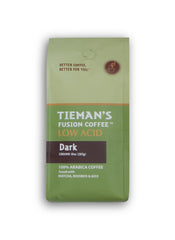 Tieman's Fusion front packaging showing low-acid dark roast and benefits